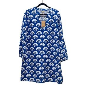 NEW Boden Blue & White Geometric Print Linen Tunic‎ V Neck Dress Sz 12R *No Belt